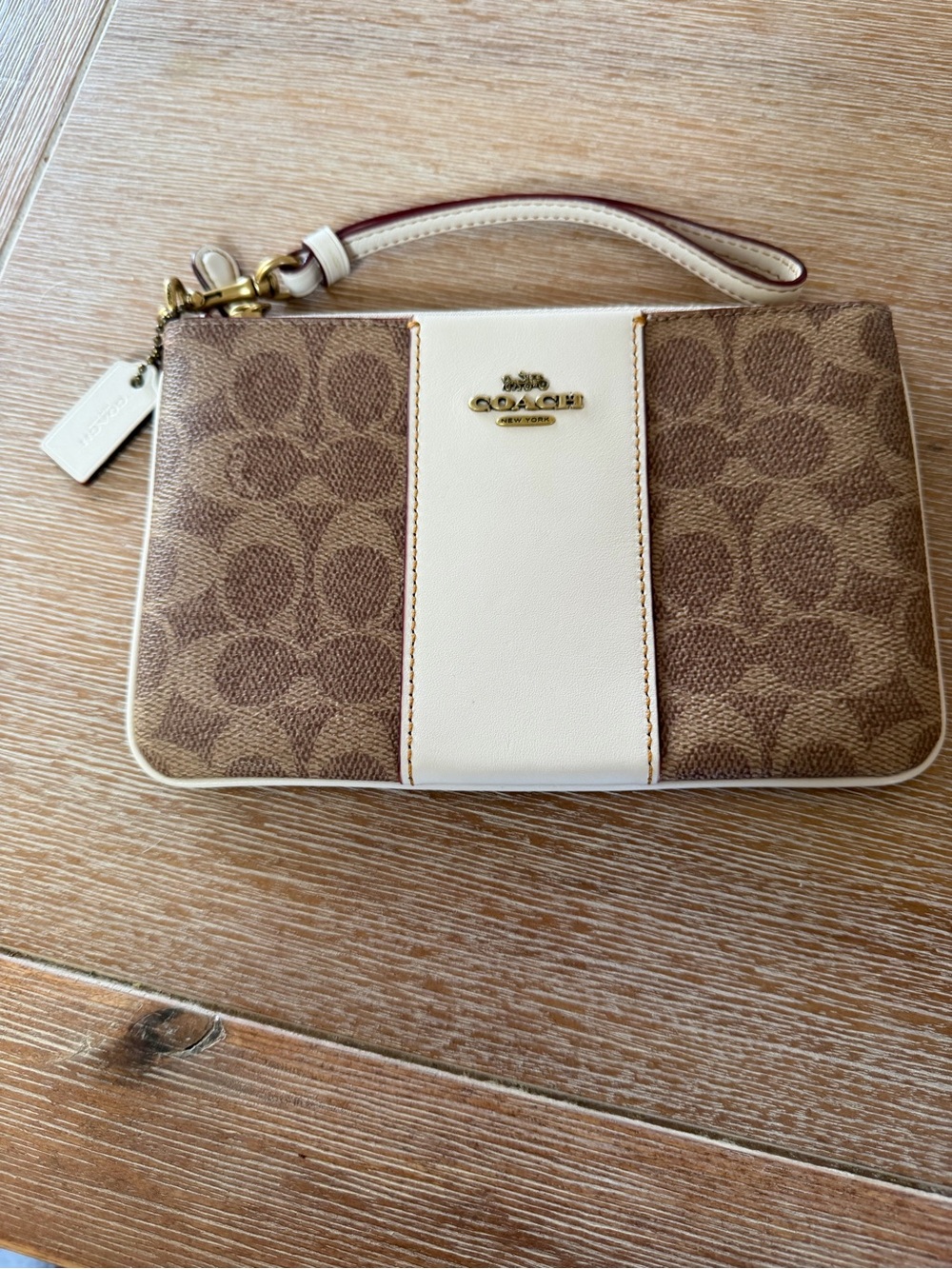 Coach Brown Signature Canvas Wristlet with White Leather Center